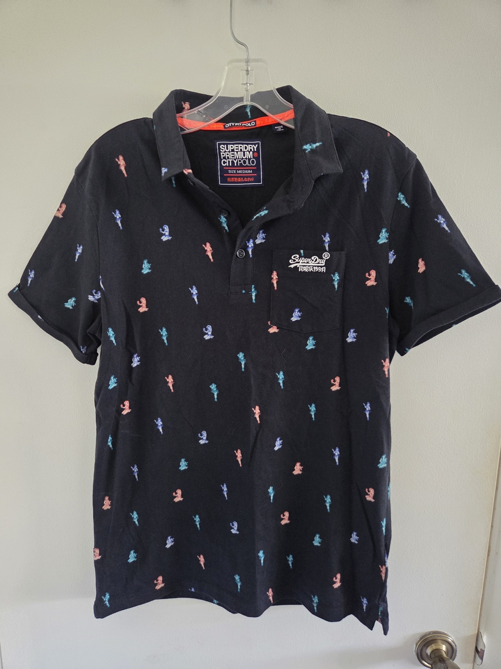 Superdry Polo with Coral & Teal Micro Motifs Sz Medium